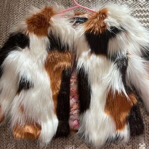 Girls' Faux Fur Patchwork Jacket in White, Brown & Black